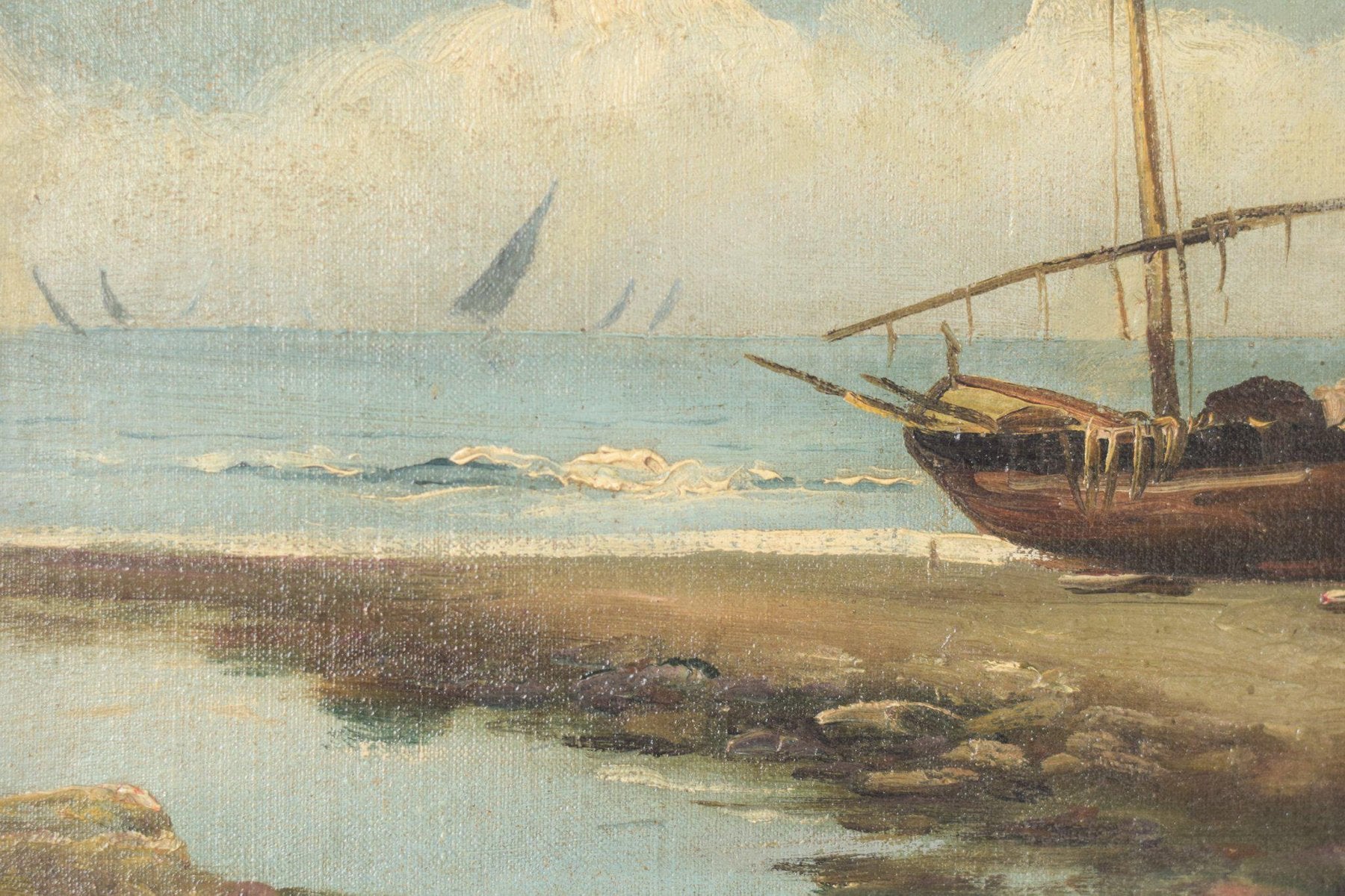 Boats on the Shore, Early 20th-Century, Oil on Board, Framed