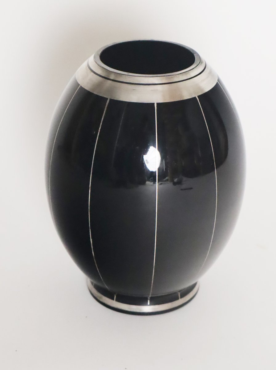 Bohemian Floral Orchid Black Glass Vase with Silver Plating, 1930s