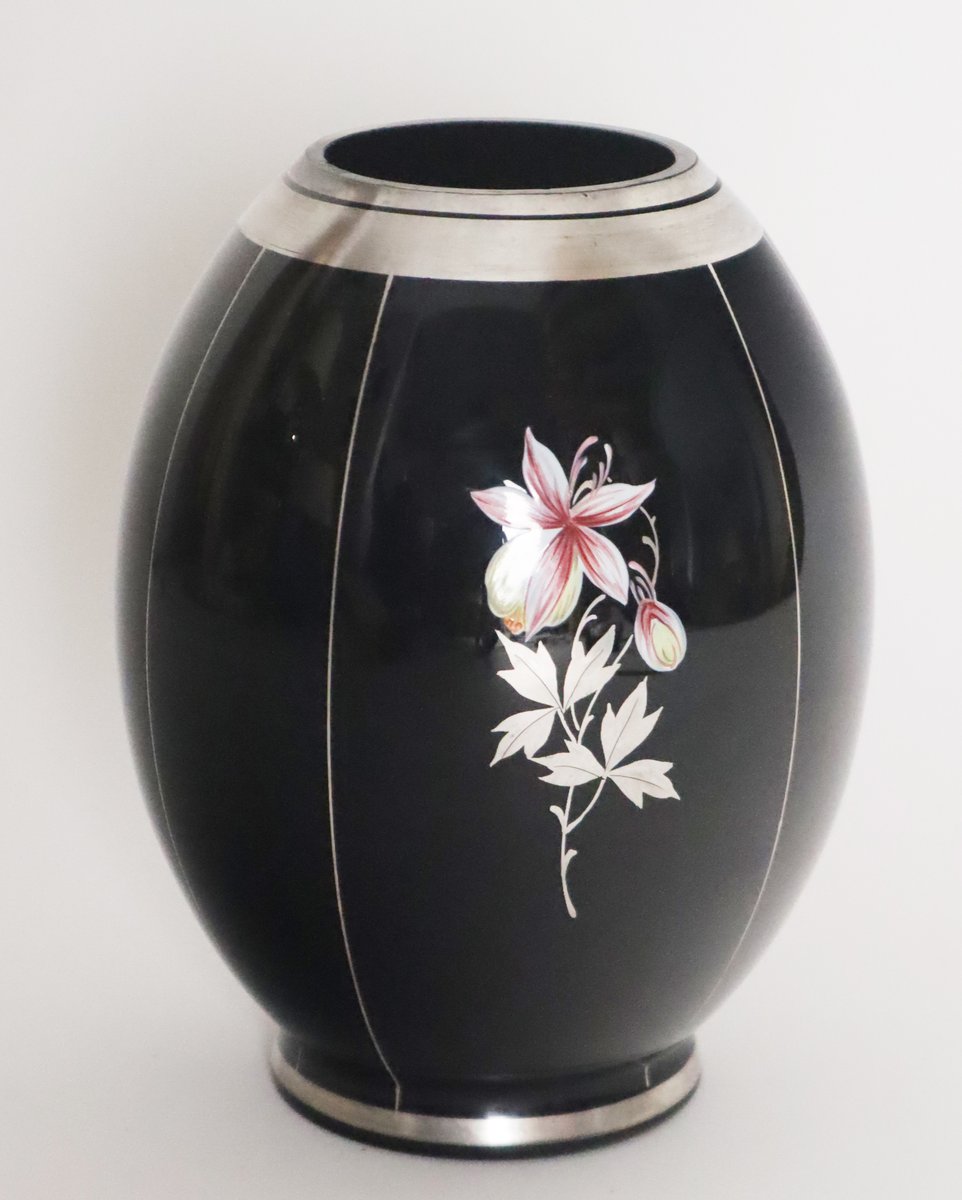 Bohemian Floral Orchid Black Glass Vase with Silver Plating, 1930s