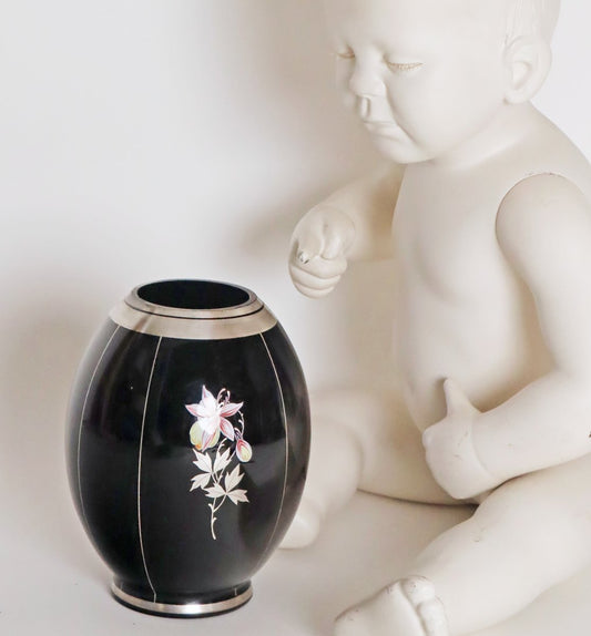 Bohemian Floral Orchid Black Glass Vase with Silver Plating, 1930s