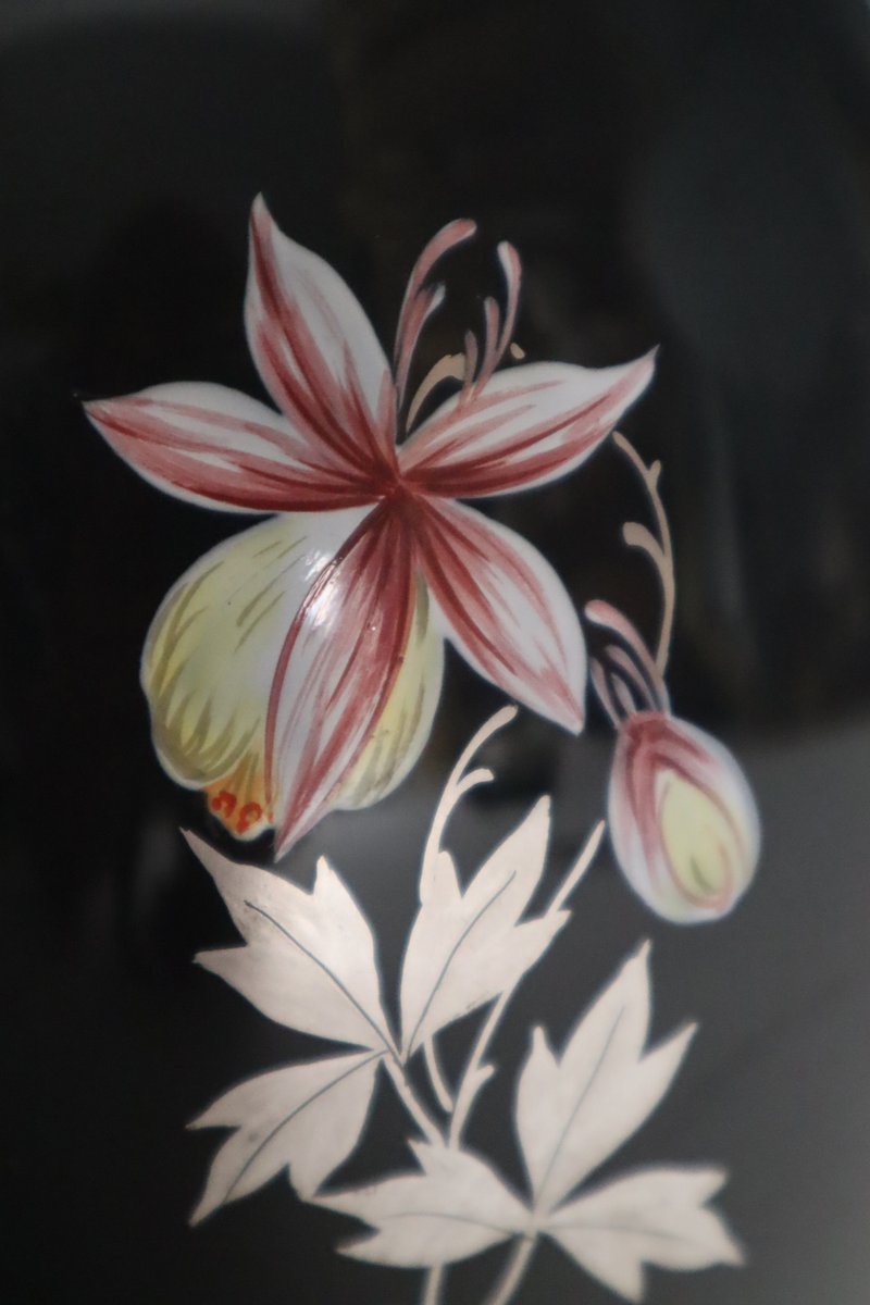 Bohemian Floral Orchid Black Glass Vase with Silver Plating, 1930s