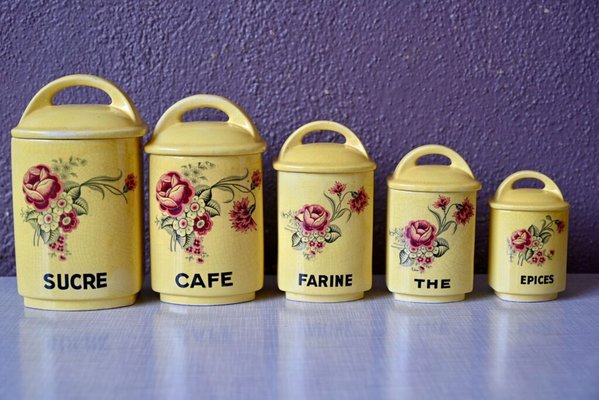 Bohemian French Spice Jars in Yellow Faience, Set of 5-AIU-1726269