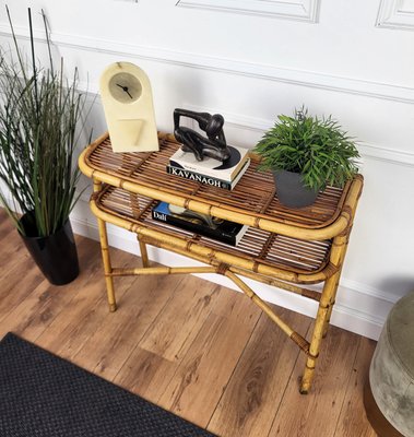 Bohemian Italian Bamboo Rattan Riviera Wall Console Table, 1960s-EUP-2023169