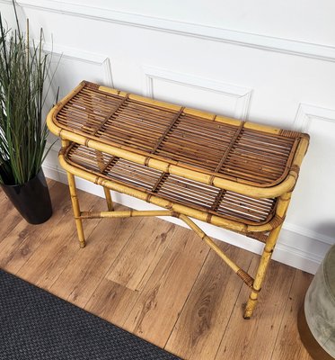 Bohemian Italian Bamboo Rattan Riviera Wall Console Table, 1960s-EUP-2023169