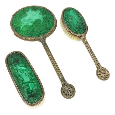 Bohemian Malachite Glass Ingrid Collection Dresser Set by Curt Schlevogt, 1930s, Set of 3-UCH-1224843