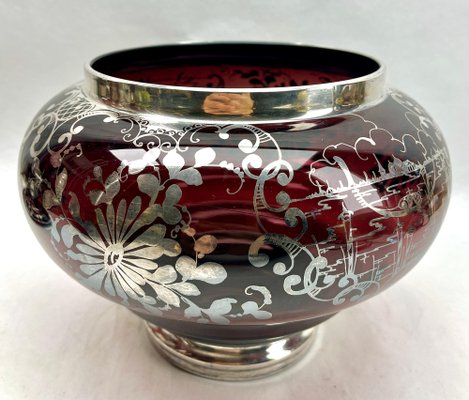 Bohemian Silver Edging Hand-Crafted Glass Punch Bowl with Lid, 1900s-MJY-1783860