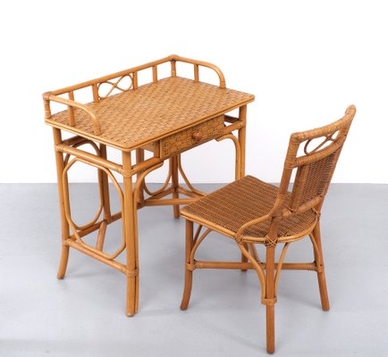 Bohemian Wicker Desk and Chair, France, 1970s, Set of 2-GCG-1746291