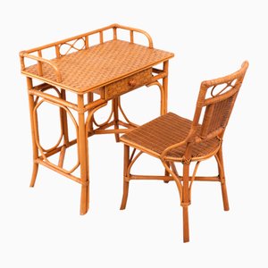 Bohemian Wicker Desk and Chair, France, 1970s, Set of 2-GCG-1746291