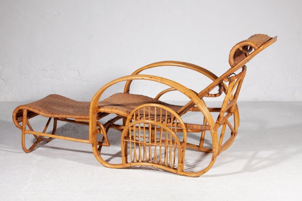 Boho Bamboo Extendable Lounger in Rattan with Magazine Holder, 1950s-KL-1425827