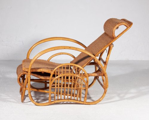 Boho Bamboo Extendable Lounger in Rattan with Magazine Holder, 1950s-KL-1425827