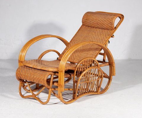 Boho Bamboo Extendable Lounger in Rattan with Magazine Holder, 1950s-KL-1425827