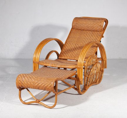 Boho Bamboo Extendable Lounger in Rattan with Magazine Holder, 1950s-KL-1425827