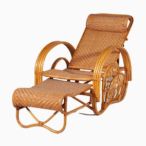 Boho Bamboo Extendable Lounger in Rattan with Magazine Holder, 1950s-KL-1425827