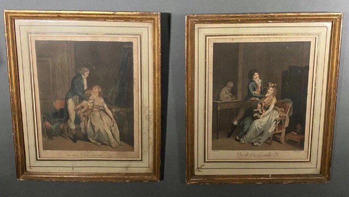 Boilly Vidal Bonnefoy, Romantic Scenes, Engravings, 19th Century, Framed, Set of 2-QKG-1760001