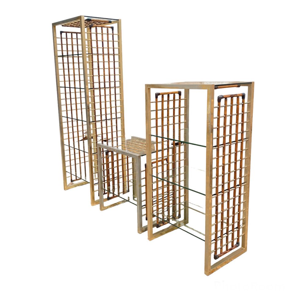 Bookcases in Bamboo, Leather and Brass, 1960s, Set of 3