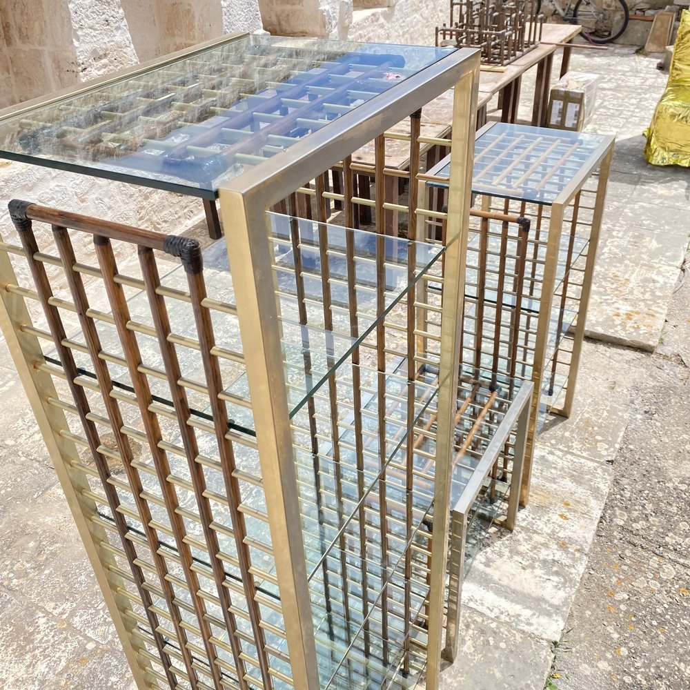 Bookcases in Bamboo, Leather and Brass, 1960s, Set of 3