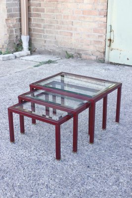 Bordeaux and Brass Lacquered Metal Tables from Maison Jansen, France, 1950s, Set of 3-XIJ-1756660