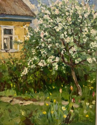 Boris Lavrenko, Apple Tree in Bloom, 1996, Oil Painting, Framed-QUE-1182978