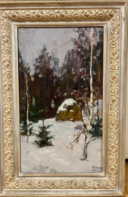 Boris Mikhailovich Lavrenko, Haystack in the Snow-Covered Forest, Oil Painting, 1972, Framed-QUE-1764955