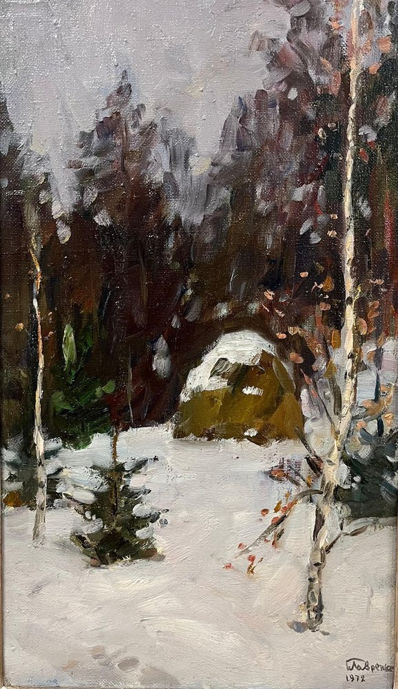 Boris Mikhailovich Lavrenko, Haystack in the Snow-Covered Forest, Oil Painting, 1972, Framed-QUE-1764955