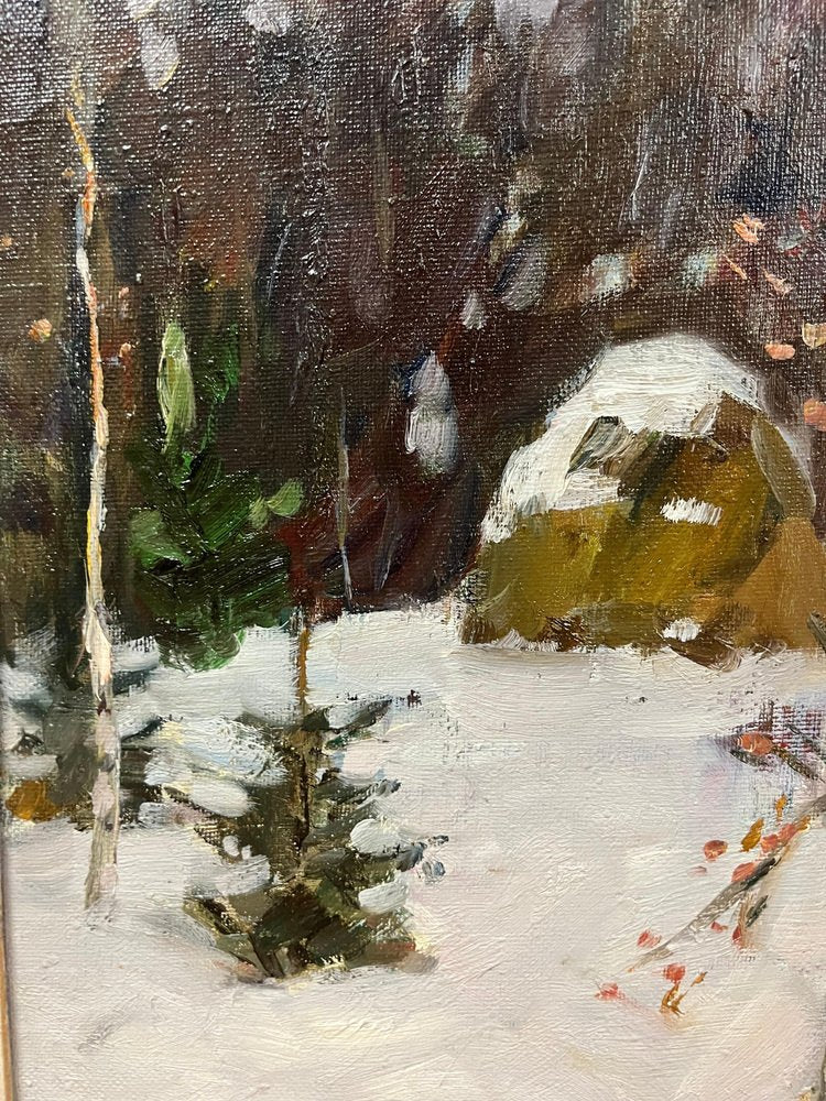 Boris Mikhailovich Lavrenko, Haystack in the Snow-Covered Forest, Oil Painting, 1972, Framed-QUE-1764955