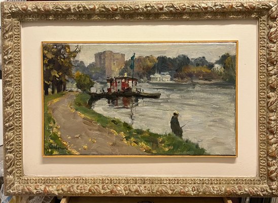 Boris Mikhailovich Lavrenko, On the River Bank, A Fisherman, 1980s, Oil on Canvas, Framed-QUE-1145487