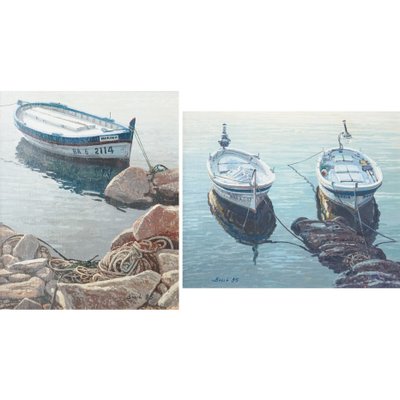 Bosch, Studies of Fishing Boats, Oil Paintings, Framed, Set of 2-AOI-1704287