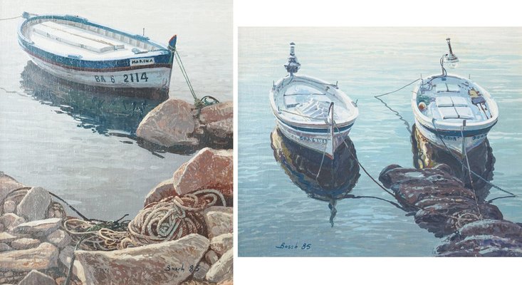 Bosch, Studies of Fishing Boats, Oil Paintings, Framed, Set of 2-AOI-1704287