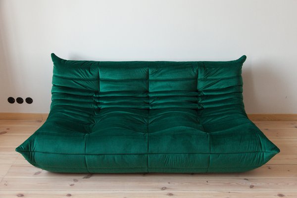 Bottle Green Velvet Togo 2- and 3-Seat Sofa by Michel Ducaroy for Ligne Roset, Set of 2-IXA-1404792