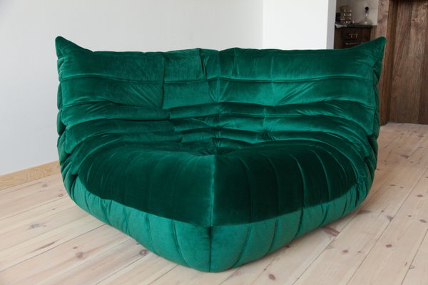 Bottle Green Velvet Togo Corner Chair, 2-, 3-Seat Sofa by Michel Ducaroy for Ligne Roset, Set of 3-IXA-1351188