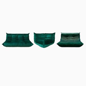 Bottle Green Velvet Togo Corner Chair, 2-, 3-Seat Sofa by Michel Ducaroy for Ligne Roset, Set of 3-IXA-1351188