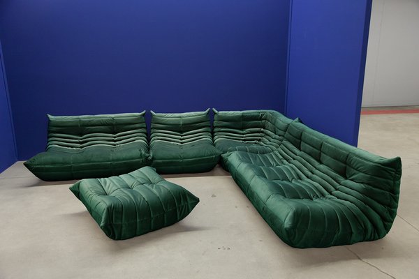 Bottle Green Velvet Togo Living Room by Michel Ducaroy for Ligne Roset, Set of 5-IXA-1145153