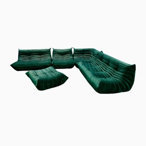 Bottle Green Velvet Togo Living Room by Michel Ducaroy for Ligne Roset, Set of 5-IXA-1145153