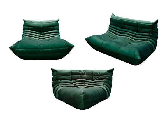 Bottle Green Velvet Togo Lounge Chair, Corner Chair and 2-Seat Sofa by Michel Ducaroy for Ligne Roset, Set of 3-IXA-1455479