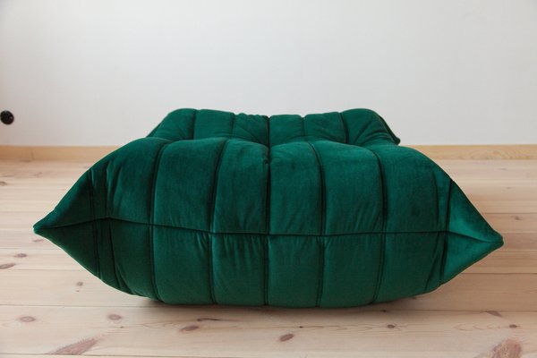 Bottle Green Velvet Togo Pouf and 2-Seat Sofa by Michel Ducaroy for Ligne Roset, Set of 2-IXA-1351199