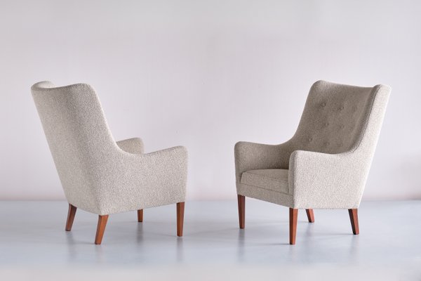 Bouclé & Mahogany High Back Armchairs by Jacob Kjær, Denmark, 1940s, Set of 2-FMT-1141571