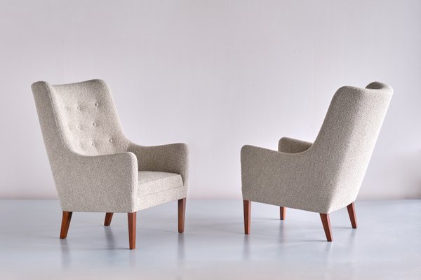 Bouclé & Mahogany High Back Armchairs by Jacob Kjær, Denmark, 1940s, Set of 2-FMT-1141571