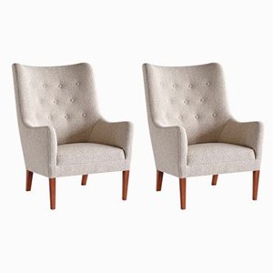 Bouclé & Mahogany High Back Armchairs by Jacob Kjær, Denmark, 1940s, Set of 2-FMT-1141571