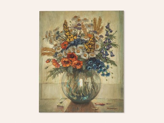 Bouquet in Glass Vase, Acrylic on Hardboard, Framed-GPP-1185154