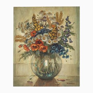 Bouquet in Glass Vase, Acrylic on Hardboard, Framed-GPP-1185154