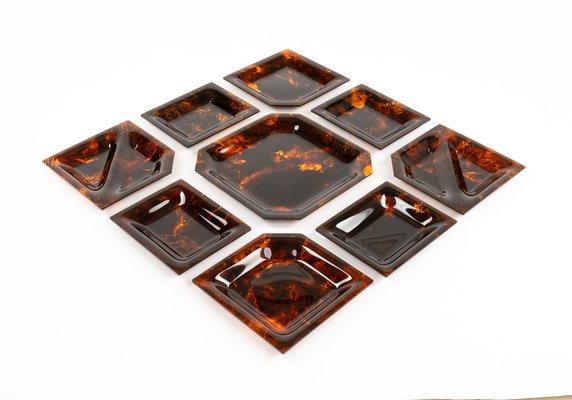 Bowl Centerpiece Trays in Tortoiseshell Acrylic Glass, Italy, 1970s, Set of 9-LYQ-2020940