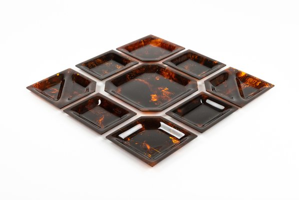 Bowl Centerpiece Trays in Tortoiseshell Acrylic Glass, Italy, 1970s, Set of 9-LYQ-2020940