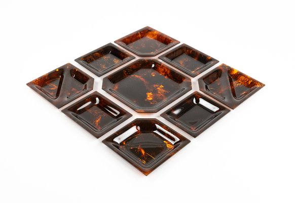 Bowl Centerpiece Trays in Tortoiseshell Acrylic Glass, Italy, 1970s, Set of 9-LYQ-2020940