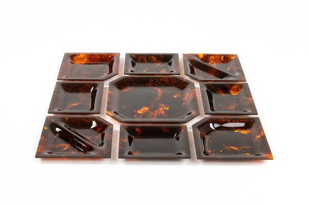 Bowl Centerpiece Trays in Tortoiseshell Acrylic Glass, Italy, 1970s, Set of 9-LYQ-2020940