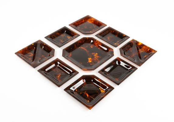 Bowl Centerpiece Trays in Tortoiseshell Acrylic Glass, Italy, 1970s, Set of 9-LYQ-2020940