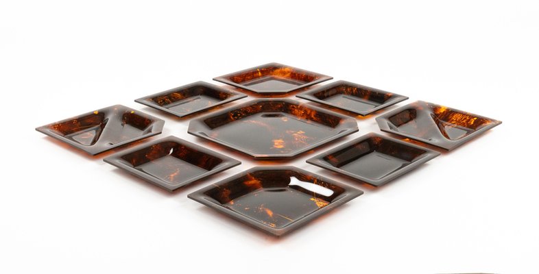 Bowl Centerpiece Trays in Tortoiseshell Acrylic Glass, Italy, 1970s, Set of 9-LYQ-2020940