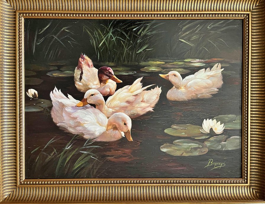 Braceras, Spanish School Scene with Ducks, 20th Century, Oil on Canvas, Framed