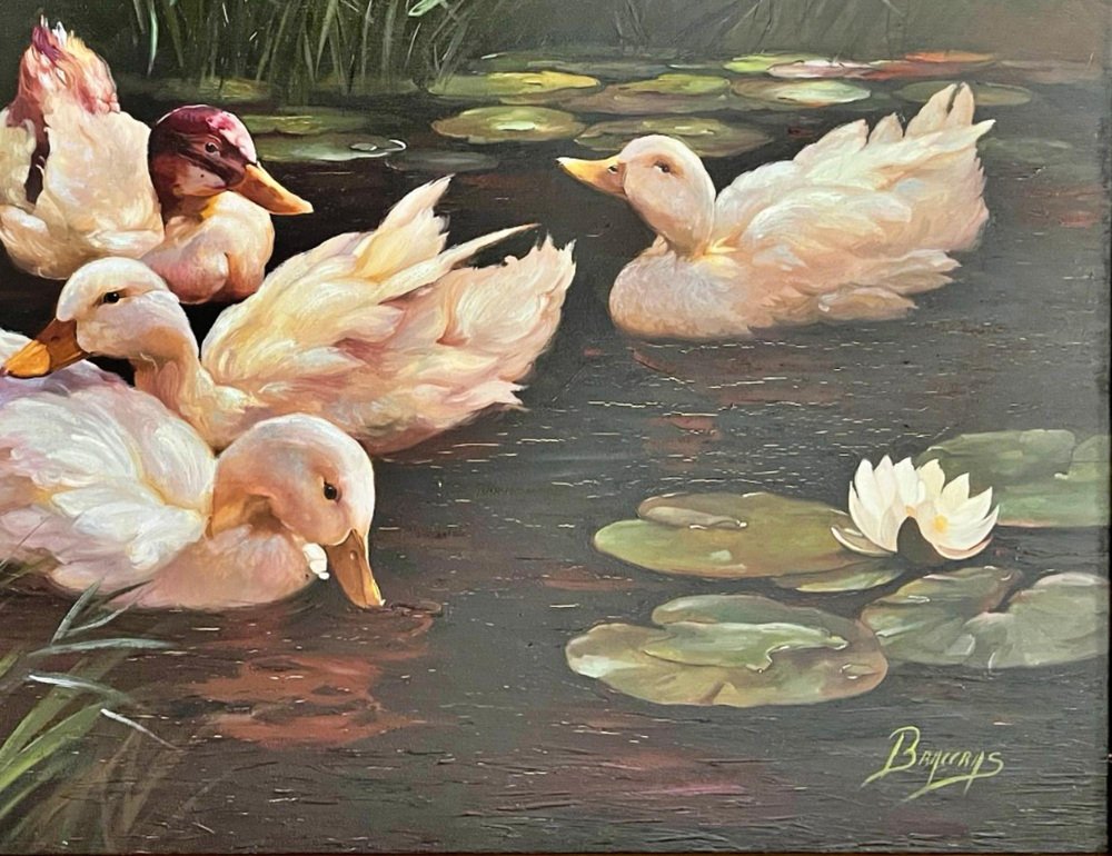 Braceras, Spanish School Scene with Ducks, 20th Century, Oil on Canvas, Framed