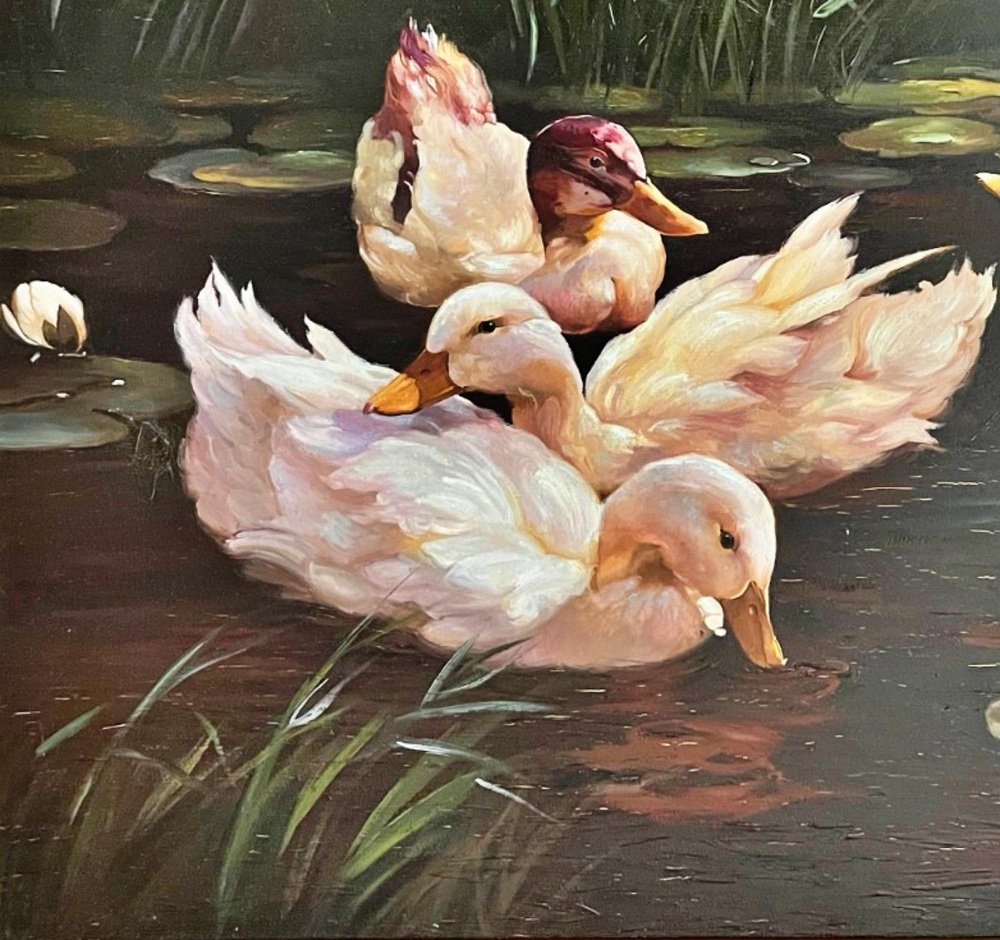 Braceras, Spanish School Scene with Ducks, 20th Century, Oil on Canvas, Framed