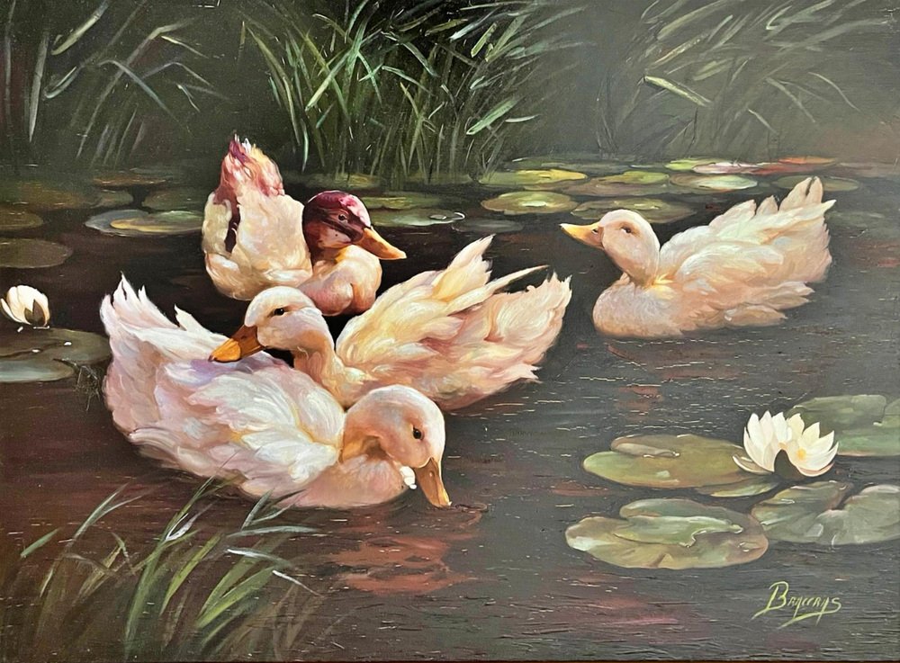 Braceras, Spanish School Scene with Ducks, 20th Century, Oil on Canvas, Framed